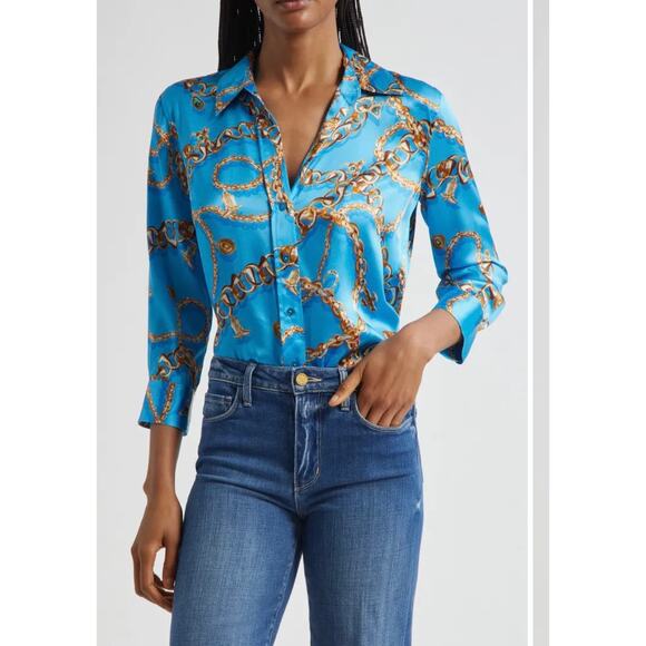 L'AGENCE Dani Chain Print Silk Button-Up Shirt - Medium - Picture 4 of 8